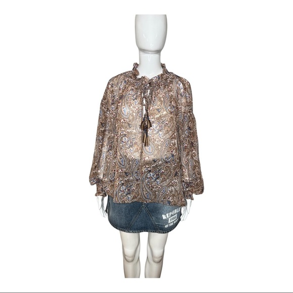 Zara Women Size M Blouse V Neck Long Sleeve Ruffle Sheer Top Paisley Tassel - Picture 6 of 14